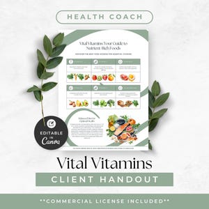 Può includere: Una dispensa digitale per health coach intitolata Vital Vitamins: Your Guide to Nutrient-Rich Foods. Il documento presenta una griglia delle vitamine A, C, D, E, K e complesso B con illustrazioni di alimenti e un badge modificabile su Canva.
