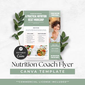 Könnte beinhalten: Ein Flyer für einen Ernährungs-Reset-Workshop mit Text und einem Foto einer lächelnden Frau. Der Flyer enthält Details darüber, was im Workshop gelernt und enthalten sein wird, sowie den Text "Nutrition Coach Flyer" und "CANVA TEMPLATE".