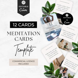 Könnte beinhalten: Eine Vorlage für 12 Meditationskarten mit einem schlichten Design. Die Karten zeigen den Text "MEDITATION CARDS" und "Template" sowie Anweisungen für verschiedene Meditationstechniken. Das Design ist in Canva bearbeitbar, mit einer kommerziellen Lizenz.