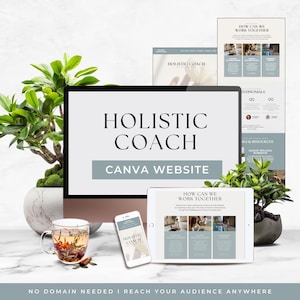 May include: A computer monitor, tablet, and smartphone displaying a Holistic Coach Canva website template. The screens show text including How Can We Work Together and Holistic Coach. A glass mug of herbal tea sits nearby.