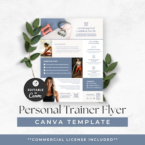 以下が含まれることがあります： パーソナル・トレーナーのチラシテンプレート。水色と白のデザインで、フィットネス器具と運動する女性の画像が含まれています。「Get Strong, Feel Confident, Live Fit」と「Personal Trainer Flyer CANVA TEMPLATE」のテキストが含まれています。