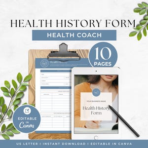 Puede incluir: Una plantilla digital de formulario de historial de salud con el texto "Health History Form" y "Health Coach". La imagen incluye una portapapeles, una tableta y el texto "10 Pages". La plantilla es editable en Canva.
