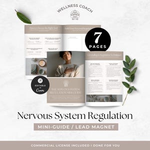 May include: A wellness guide titled "Nervous System Regulation Mini-Guide" with the text "7 Pages" on a black circle. The guide is open, displaying content and an image of a person. The words "Editable in Canva" are also visible.