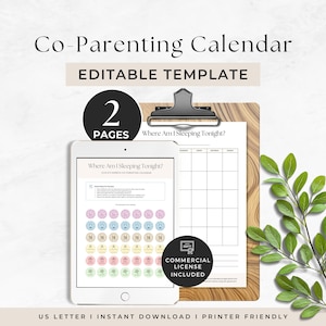 May include: A digital co-parenting calendar template featuring two pages, displayed on a tablet and a clipboard. The design includes a weekly schedule titled Where Am I Sleeping Tonight, instructional text, and rows of colorful circular icons.