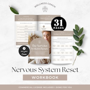May include: A wellness coaching workbook titled "Nervous System Reset" with 31 pages. The cover features a woman's image and the text "Editable in Canva." The design includes a roadmap and a guide to help with transformation.