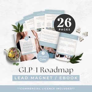 May include: A 26-page GLP-1 Wellness Roadmap ebook template featuring light blue and white pages with text, a circular badge stating 26 PAGES, and an Editable in Canva icon. Includes a cup of herbal tea, green leaves, and gold binder clips.