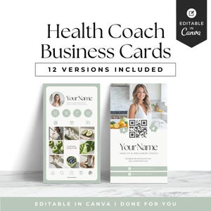 May include: Two vertical business card templates for a health coach featuring sage green accents. The left card displays a social media profile layout with photo grid, while the right card includes a QR code, contact details, and a profile photo.