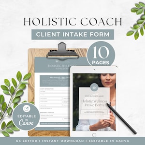Könnte beinhalten: Ein digitales Vorlagenset für ein Klienten-Aufnahmeformular für ganzheitliche Coaches mit 10 Seiten. Das Design zeigt ein Klemmbrett mit einem gedruckten Formular und ein Tablet mit dem Deckblatt. Text: HOLISTIC COACH CLIENT INTAKE FORM und EDITABLE IN CANVA.