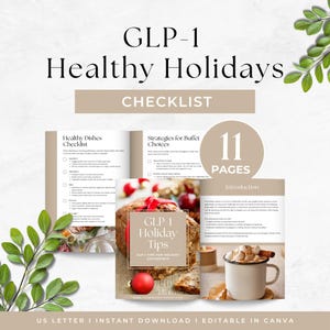 May include: A digital checklist titled "GLP-1 Healthy Holidays" with the text "Checklist." The checklist includes tips for healthy holiday dishes and buffet choices. The image also features a cookbook with the title "GLP-1 Holiday Tips" and a mug of hot chocolate.