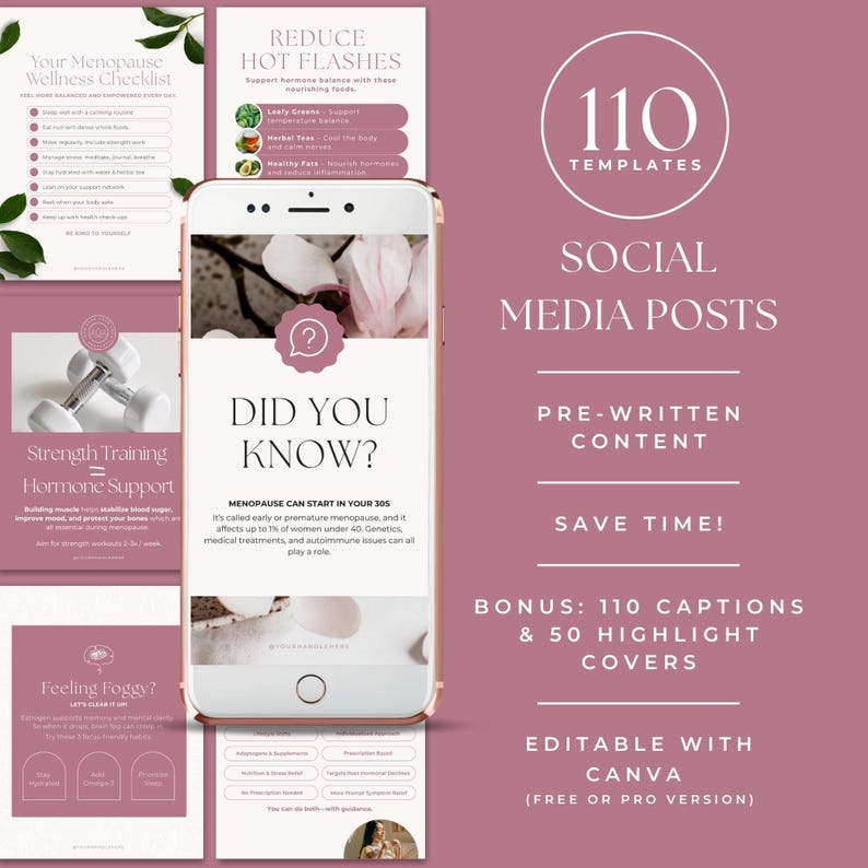 Modelo para Instagram sobre Menopausa, Kit de Mídias Sociais para Perimenopausa, Posts Editáveis no Canva sobre Saúde Hormonal, Conteúdo de Bem-Estar Feminino, Coaching Holístico imagem 2