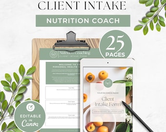 May include: A nutrition coach client intake form template set featuring 25 pages. The document includes a clipboard with a printed form and a tablet displaying a digital version with a fruit image. Text includes CLIENT INTAKE, NUTRITION COACH, 25 PAGES, and EDITABLE IN CANVA.