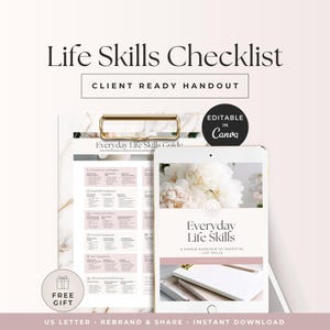 Puede incluir: Un folleto de Life Skills Checklist para clientes con un portapapeles de mármol y una tableta que muestra una guía de Everyday Life Skills con imágenes florales. El documento incluye secciones sobre cuidado personal, gestión del hogar y finanzas.