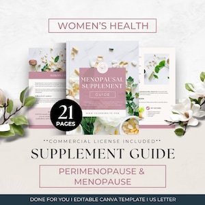 Peut inclure: Un modèle de guide de suppléments numérique de 21 pages pour la santé des femmes, la périménopause et la ménopause. Le document présente une couverture mauve avec le texte Menopausal Supplement Guide, entouré d'images de pilules et de fleurs.