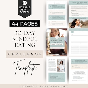 Peut inclure: Un modèle de défi de 30 jours d'alimentation consciente de 44 pages modifiable dans Canva. Le document présente une palette de couleurs douces vert sauge et beige, incluant des pages d'instructions, des journaux de suivi et du texte.