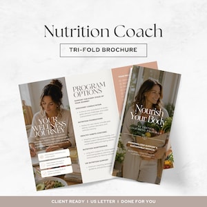May include: A tri-fold brochure for a nutrition coach featuring the text Nutrition Coach, Program Options, Your Wellness Journey, and Nourish Your Body. The design includes photographs of a person holding a paper bag of fresh produce and writing.