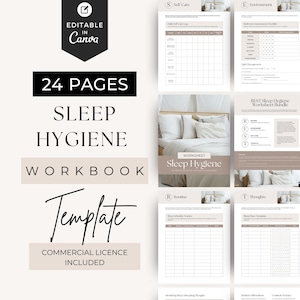 Puede incluir: Una plantilla de cuaderno digital para mejorar la higiene del sueño. La plantilla incluye hojas de trabajo para el autocuidado, el entorno, la rutina, los pensamientos y un rastreador de horarios de sueño. La plantilla está disponible para uso comercial.