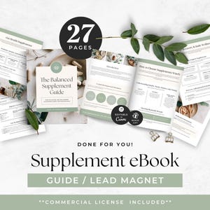 Könnte beinhalten: Ein 27-seitiger digitaler Supplement-eBook-Ratgeber und Lead-Magnet mit salbeigrünen Akzenten, botanischen Bildern und strukturierten Layouts für Gesundheitsinformationen. Das Dokument enthält Abschnitte zu Darmgesundheit und allgemeinem Wohlbefinden.