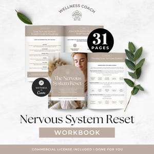 Puede incluir: Un libro de ejercicios de 31 páginas para el restablecimiento del sistema nervioso, con páginas en beige y blanco, texto, diagramas y una portada en forma de arco. Incluye secciones sobre transformación del sistema nervioso y herramientas.