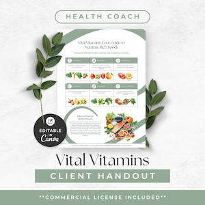 Könnte beinhalten: Ein weißes und grünes Handout mit dem Titel "Vital Vitamins: Your Guide to Nutrient-Rich Foods" mit dem Text "Health Coach" oben. Das Handout enthält eine Anleitung zu essentiellen Vitaminen und ihren Nahrungsquellen. Der Text "Client Handout" steht unten.