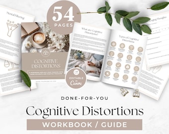Cognitive Distortions Guide and Workbook Template, CBT Mental Health Workbook, Cognitive Behavioral Therapy Tools, Self Care Journal, Canva