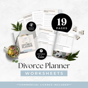 May include: A 19-page divorce planner set featuring worksheets for legal, financial, and co-parenting planning. The set includes a cover page titled The Divorce Planner, self-care prompts, and inventory checklists. It is editable in Canva and includes bonus gifts.
