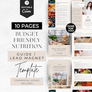 May include: A 10-page guide template for creating a budget-friendly nutrition guide or lead magnet. The template features a light pink background with black text and a white and black graphic of a basket of fresh produce. The text on the template reads "10 Pages Budget Friendly Nutrition Guide / Lead Magnet Template Commercial Licence Included".