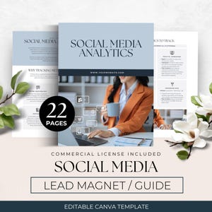 Pode incluir: Um modelo de guia de lead magnet de análise de redes sociais de 22 páginas. A capa exibe o texto SOCIAL MEDIA ANALYTICS e WWW.YOURWEBSITE.COM sobre uma foto de uma pessoa usando um computador portátil.