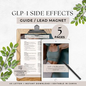 May include: A digital guide titled GLP-1 SIDE EFFECTS GUIDE / LEAD MAGNET featuring 5 pages of information on medication side effects. The document is displayed on a tablet and a clipboard, accompanied by a stylus and green leaf accents.