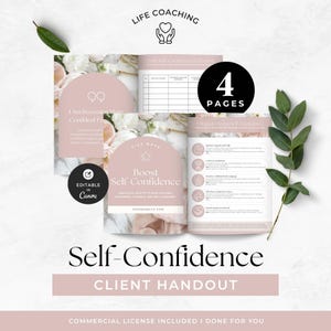 May include: A four-page life coaching client handout template featuring a self-confidence theme. The pages include a daily reflection chart and a list of five ways to boost self-confidence, decorated with pink arch graphics and floral imagery.
