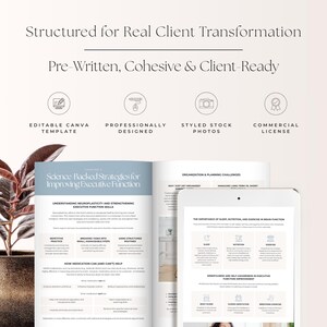 May include: A digital product mockup showing a book and a tablet. The book's cover reads "Science Backed Strategies for Improving Executive Function." The tablet displays information on sleep, nutrition, and exercise. Text includes "Editable Canva Template" and "Commercial License."