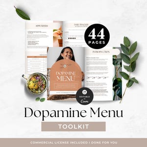 May include: A digital toolkit titled "Dopamine Menu" with 44 pages, featuring a woman's image and recipe examples. The design includes a daily tracker and the text "Editable in Canva". The toolkit is designed for mood, motivation, and herbal energy.