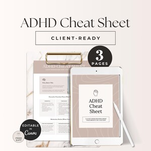 May include: An ADHD Cheat Sheet document set featuring a clipboard with a three-page printable guide and a tablet displaying the cover page. The design uses a neutral beige color palette with black text, including the title ADHD Cheat Sheet.