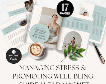 Magneet gezondheidscoach, gids omgaan met stress, e-boek wellnesscoaching, Canva-sjabloon Done For You, cursusmateriaal, hand-out, e-book met uitgebreidere informatie