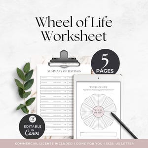May include: A Wheel of Life worksheet set featuring five pages, including a summary of ratings chart and a circular wheel diagram. The document is editable in Canva and formatted for US Letter size, presented with a clipboard and a digital tablet.