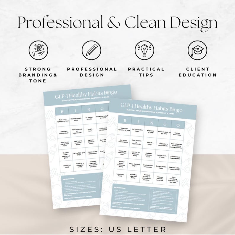 GLP-1 Healthy Habits Bingo, Health Coach Client Handout, Medical Weight Loss Education, Semaglutide and Tirzepatide Program Resource, Canva Bild 4