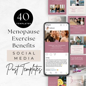 Könnte beinhalten: Eine rosa und weiße Social-Media-Post-Vorlage für einen Gesundheitscoach. Der Beitrag zeigt eine Gruppe von Frauen, die lächeln und trainieren. Der Text auf dem Beitrag lautet "Feiern Sie Ihre Menopause-Fitnessreise".