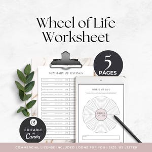 May include: A Wheel of Life Worksheet with the text "Wheel of Life Worksheet" at the top. The image includes a clipboard with a "Summary of Ratings" chart, a tablet displaying a wheel diagram, and a black circle with the number "5" and the word "PAGES".