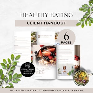 May include: A six-page healthy eating client handout document template featuring meal planning checklists, food photography of berries and oatmeal, and text headers including Healthy Eating, Client Handout, and Commercial Licence Included.