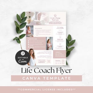 Könnte beinhalten: Ein rosa und weißes Life Coach Flyer-Template. Der Flyer enthält den Text "Create Change That Lasts" und "Life Coach Flyer CANVA TEMPLATE". Die Worte "Editable in Canva" sind ebenfalls sichtbar.