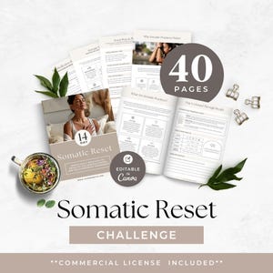 Op de afbeelding: Een digitaal werkboek van 40 pagina's getiteld 14 Day Somatic Reset Challenge, met bewerkbare Canva-sjablonen, dagelijkse oefengidsen en reflectiepagina's. De set bevat een theekopje met bloemen, groene bladeren en gouden clips.