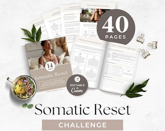 Op de afbeelding: Een digitaal werkboek van 40 pagina's getiteld 14 Day Somatic Reset Challenge, met bewerkbare Canva-sjablonen, dagelijkse oefengidsen en reflectiepagina's. De set bevat een theekopje met bloemen, groene bladeren en gouden clips.