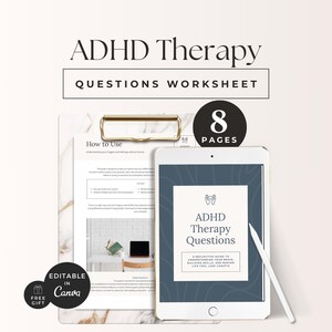 May include: An ADHD Therapy Questions worksheet set featuring 8 pages, presented on a marble-patterned clipboard with a gold clip. A tablet displays the cover page with the text ADHD Therapy Questions, and a white stylus rests beside it.