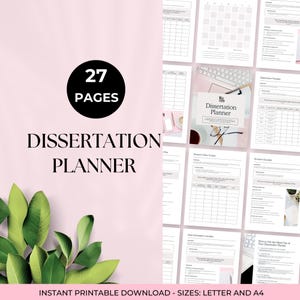 May include: A 27-page dissertation planner printable download featuring various organisational templates, including a research data tracker, revision checklist, and final submission checklist, displayed on a light pink background with green leaves.