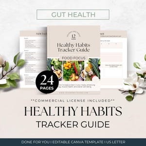May include: A 24-page Healthy Habits Tracker Guide template with a beige cover featuring the text Nourish and Thrive 12 Week Healthy Habits Tracker Guide Food Focus. The layout includes habit tracking pages and food focus sections with vegetable imagery.