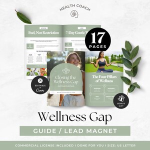 May include: A 17-page wellness guide and lead magnet template featuring sage green and white layouts. The document includes sections titled Fuel, Not Restriction, 7-Day Gentle Wellness, and The Four Pillars of Wellness, with editable Canva integration.