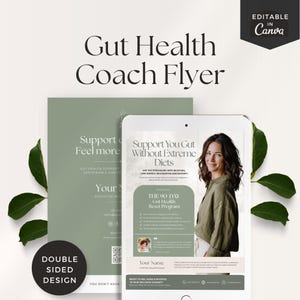 May include: A digital flyer template for a gut health coach featuring a sage green and white color scheme. The design includes text such as Gut Health Coach Flyer, Support Your Gut Without Extreme Diets, and The 90 Day Gut Health Reset Program.