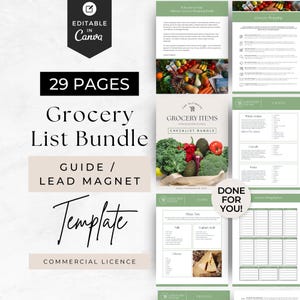 Peut inclure: Un modèle de liste de courses numérique de 29 pages, modifiable dans Canva. Le design comprend le texte "Grocery List Bundle", "Guide / Lead Magnet" et "Template". Le lot comprend également une licence commerciale.