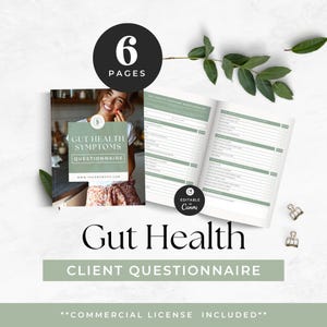 May include: A digital Gut Health Client Questionnaire with a green and white design. The cover features a woman holding the questionnaire. The open questionnaire shows a detailed form. The text includes "Gut Health Symptoms Questionnaire" and "Client Questionnaire".