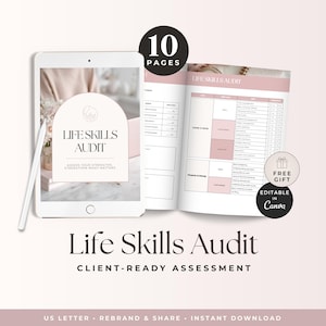 Puede incluir: Una plantilla de documento digital Life Skills Audit de 10 páginas, mostrada en la pantalla de una tableta y un folleto abierto. El diseño utiliza una paleta de colores rosa suave con elementos gráficos arqueados, campos de texto y un lápiz óptico.