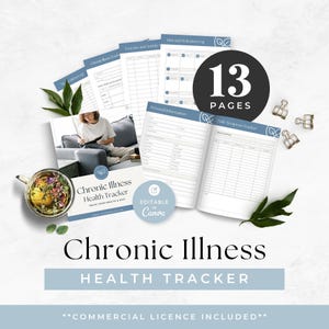 Puede incluir: Un conjunto de plantillas digitales de 13 páginas para el seguimiento de la salud en enfermedades crónicas, con diseños en azul y blanco para registrar medicamentos, dieta, hidratación y síntomas. Incluye un archivo Canva editable.